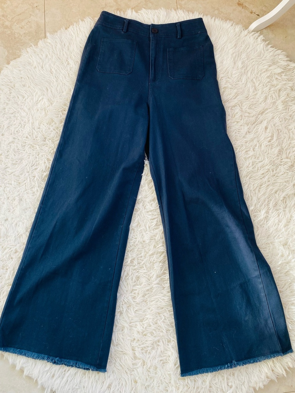 Mittoshop High Rise Wide Leg Raw Hem Pants Navy Blue Medium